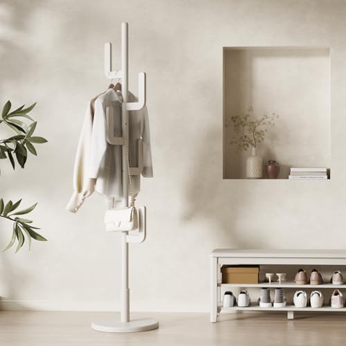 Solid Wood Cactus Coat Rack, Freestanding Coat Rack With 6 L-Shaped Hooks and 3 Adjustable Sizes, Coat Tree for Bedroom, Entryway, Livingroom, Coat Hanger Stand for Coats, Handbags (White)