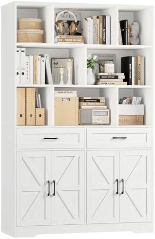HOSTACK 71" Tall Bookcase with Drawers and Doors, 47" Wide Book Shelf and Bookcase with Storage, 6 Tier Large Book Storage Cabinet with 14" Deep Display Shelves for Living Room, Home Office, White