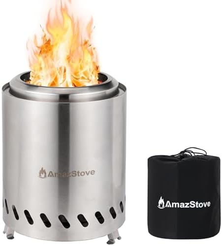 9 x 7 Inch Tabletop Fire Pit by AmazStove, Low Smoke Camping Stove for Outdoor Safe Burning Firepits, Fueled Pellets or Wood, Travel Bag Included, Silver