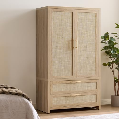 SICOTAS Rattan Armoire Wardrobe Closet Cabinet, 71" Wardrobe Storage Cabinet with 2 Drawers, and Hanging Rod, Boho Large-Capacity Deep Armoire Clothes Organizer for Bedroom, Cloak Room, Light Oak