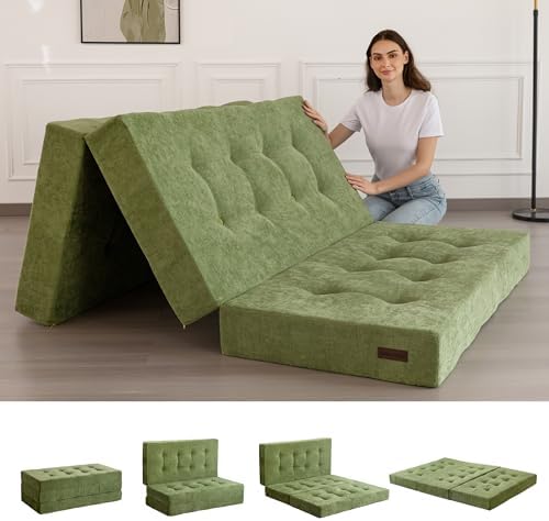 MAXYOYO Tri-Fold Mattress, 6 Inch Tufted Folding Mattress with Chenille Fabric, Portable Full Size Floor Guest Mat for Adults, Foldable Topper for Camping, Green, 53"x75"