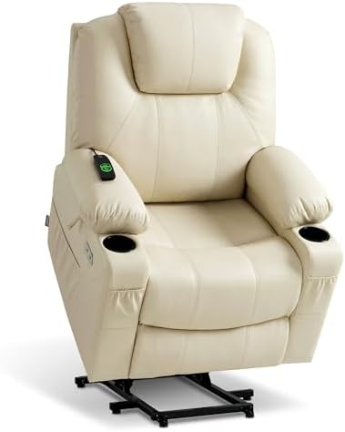 MCombo Power Lift Recliner Chair for Elderly, Lift Chair with Heat and Massage, FSC Certified, USB Ports, Cup Holders, Faux Leather 7040 (Cream White, Medium)