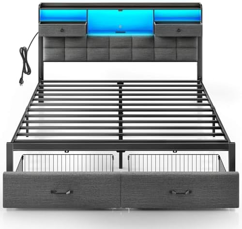 Rolanstar Bed Frame King Size with Drawers and Charging Station, Upholstered Platform Bed with Storage Headboard and LED Light, Heavy Duty Metal Frame Support, No Box Spring Needed, Noise Free, Grey
