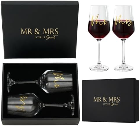 AW BRIDAL Engagement Bridal Shower Wedding Gifts for Newlyweds Couples 2025, Anniversary Mr and Mrs Wine Glasses Set of 2 for Couple, 12 oz Crystal Wedding Glass Set with Gift Box for Bride Groom