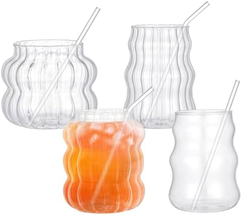 4 Pcs Creative Glassware Set Wave Shape Drinking Glasses with Glass Straw Aesthetic Cups Vintage Ribbed Glass Cups Cute Drinking Glasses for Tea Beer Water Cocktail Coffee Beverage Kitchen