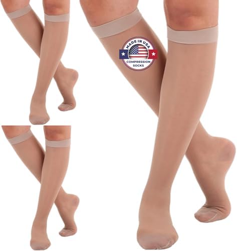 (3 Pairs - Closed Toe) Made in USA - Sheer Compression Socks for Women 15-20mmHg - Compression Stockings for Varicose Veins Circulation, Thrombosis, Embolism - Nude, Medium - A101NU2-3