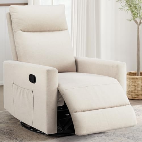 SMUG Swivel Recliner Chair, Nursery Massage Rocking Chairs, Glider Rocker Recliners for Living Room with Extra Large Footrest, High Back, Upholstered Deep Seat (Beige)