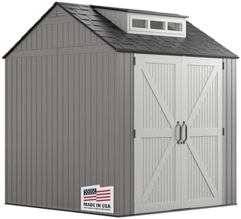 Rubbermaid Resin Outdoor Storage Shed With Floor (7 x 7 Ft) Weather Resistant Gray Organization for Home/Backyard/Garden Tools/Lawn Mower/Bike Storage/Pool Supplies