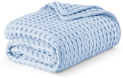 Bedsure Cooling Cotton Waffle King Size Blanket - Lightweight Breathable Blanket of Rayon Derived from Bamboo for Hot Sleepers, Luxury Throws for Bed, Couch and Sofa, Blue, 104x90 Inches