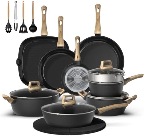 23 Pcs Pots and Pans Set, Non Stick Ceramic Cookware Set with 3 Frying Pans, Healthy Non-Toxic, Large Capacity,Induction Compatible, PFAS/PTFE/PFOA Free, Black