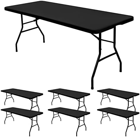 6 Pack Stretch Fabric Table Top Cap Cover, fits 6' Tables, Spandex Table Covers Washable Elastic Universal Rectangle Tablecloth Protector for Indoor Outdoor Party Picnic Wedding, Black, 30" W x 72" L