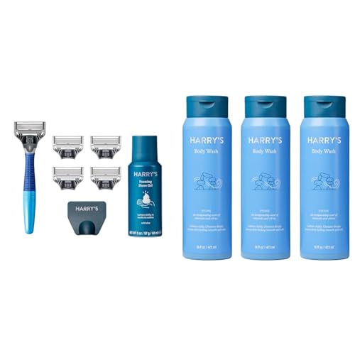 Harry's Razors for Men - Men's Razor Set with 5 Razor Blade Refills, Travel Blade Cover, 2 oz Shave Gel (Ocean Blue) & Men's Body Wash Shower Gel - Stone, 16 Fl Oz (Pack of 3)