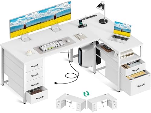 Coleshome L Shaped Computer Desk with 6 Drawers & Power Outlet, 55 Inch Corner Desk with Reversible Storage Shelf & File Drawer, Home Office Desk, White