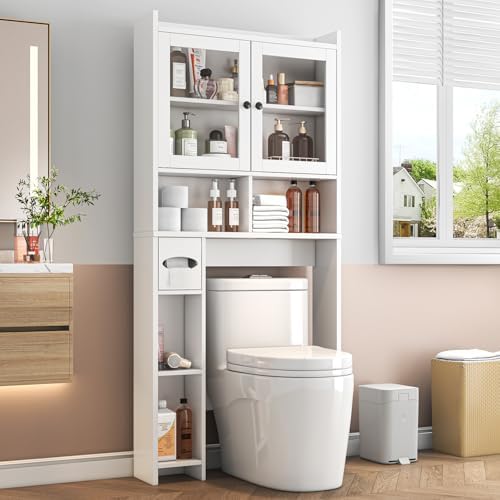 Over The Toilet Storage Cabinet with Clear Doors, Behind Toilet Organizer with Toilet Paper Holder Stand, Above Toilet Shelf, Space Saver for Bathroom, Laundry, Restroom, White