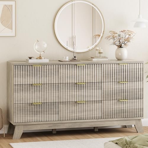 Fluted Dresser for Bedroom with 9 Drawers, 57" Wide Modern Chest of Drawers with Metal Handle, Wooden Dresser TV Stand, Wood Closet Clothes Storage Organizer for Living Room, Hallway, Grey