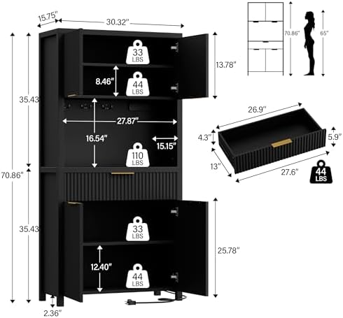 Lulive 71" Fluted Pantry Cabinet with Charging Station & Adjustable Shelves, Spacious Kitchen Storage Cabinet with Open Countertop & Drawer for Dining Room, Living Room, Black