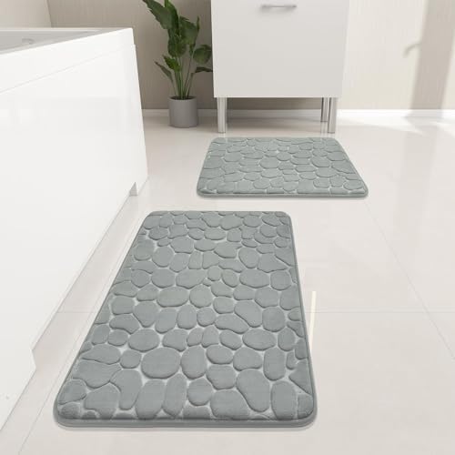 YIHOUSE Bathroom Rugs Set, 2 Piece Cobblestone Memory Foam Bath Mats, Extra Thick Non Slip, Water Absorbent, Washable Light Grey for Tub, Toilet and Floor