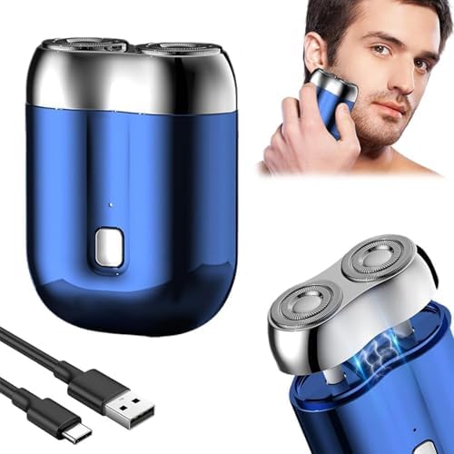 New Upgrade Model Mini Dual-Head Electric Shaver, Portable Pocket Shaver USB Mini Shavers, Rechargeable Double Head Razor for Men, Pocket Size Washable Electric Razor (Blue)