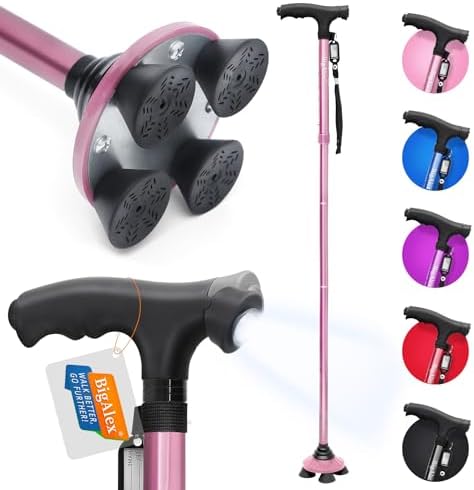 BigAlex Folding Walking Cane with LED Light,Pivoting Quad Base,Adjustable Walking Stick with Carrying Bag for Man/Woman (Alloy Base)