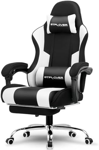 GTPLAYER Gaming Chair, Computer Chair with Footrest and Lumbar Support, Height Adjustable Game Chair with 360°-Swivel Seat and Headrest and for Office or Gaming (Fabric, Black & Light Gray)