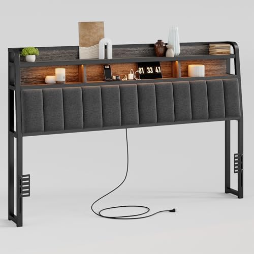 Ergonomic Headboard for King Size Bed with 2-Tier Storage, Upholstered Headboards with Outlets, USB Ports, LED Light, King Head Board Only, Height Adjustable, Sturdy and Stable, Black & Grey