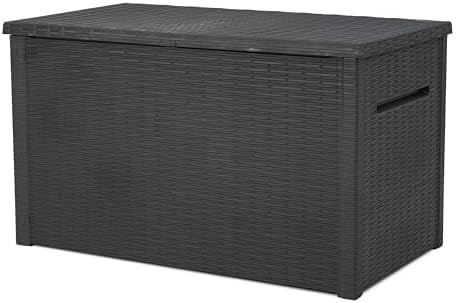Keter Java XXL 230 Gallon Resin Rattan Look Large Outdoor Storage Deck Box for Patio Furniture Cushions, Pool Toys, and Garden Tools, Dark Grey
