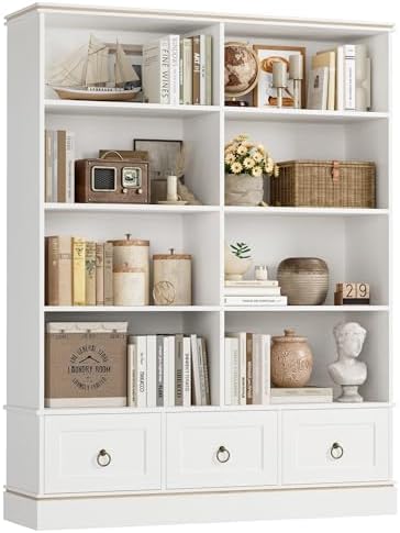 HOSTACK Farmhouse Bookshelf and Bookcase, 47" Wide Bookcase with Drawers, 5 Tier Book Shelves with Storage, Large Display Shelves, 63" Tall Wood Standing Shelving Unit for Home Office, Study, White