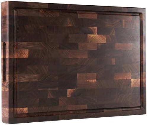 American Black Walnut Wood Cutting Board 20"x15"x2"(Large and Thick) for Kitchen with Juice Groove, Inner Handles, End Grain Butcher Block Finished with Linseed Oil, Beeswax, Lemon Oil, Giftbox