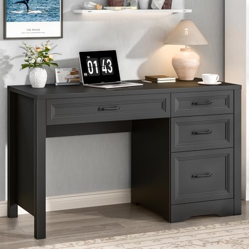 Vabches Farmhouse Executive Desk with Storage and Ample File Drawer, Rustic Large Home Writing Desk for Bedroom, Pure Black