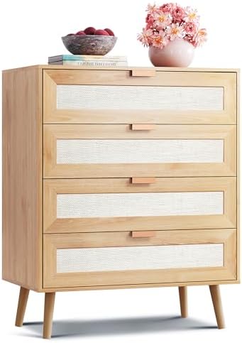 WLIVE Rattan Dresser for Bedroom, 4 Drawer Wood Boho Dresser Storage with Gold Metal Handle, Chest of Drawers for Living Room, Closet, Hallway, Light Oak