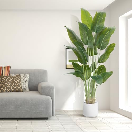 Artificial Bird of Paradise Plant 7.5Ft Tall Fake Tropical Palm Tree Large Fake Plants with 18 Silk Banana Leaves Faux Plant Indoor Decor Trees White Pot for Home Bedroom Living Room Office