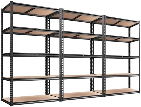 REIBII 2020LBS Storage Shelves 5 Tier Garage Shelving Heavy Duty, Adjustable Metal Shelving, Garage Shelves for Basement, Warehouse, Pantry, Closet, Kitchen 72" H x 35.55" W x 16" D, Black, 3 Pack