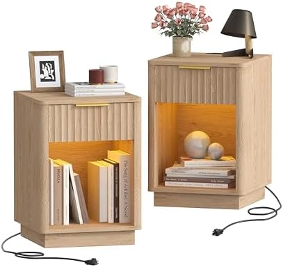 Fluted Nightstands Set of 2, Wooden Night Stand with Charging Station and LED Light, Modern Mid Century End Table with Drawer, 15" D x 15.7" W x 22.6" H, for Bedroom, Natural Oak