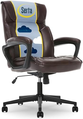 Serta Hannah Executive Home Office Desk Chair, Ergonomic Mid-Back with Lumbar Support, Firm Seat Cushion, Layered Body Pillows, Padded Armrests, Swivel Base, Easy Assembly, Faux Leather, Brown