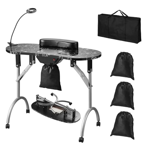 VEVOR Portable Manicure Table, Foldable Nail Table with Electric Dust Collector, Moveable Nail Tech Desk & 4 Wheels, 3 Dust Bags, Bendable LED Lamp, MDF Nail Art Workstation for Home Spa Beauty Salon