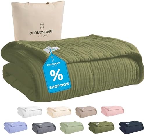 Cloud Scape Linen 100% 8 Layer Cotton Muslin Blanket King Size for Adult, Lightweight & Breathable, All Season Oversized Blanket for Bed, fits California King, 92x108, Olive Green