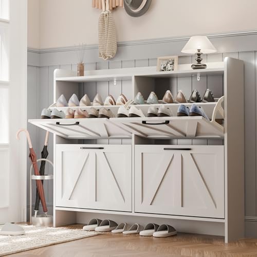 MU Shoe Storage Cabinet with 4 Flip Drawers, Freestanding Shoe Cabinet, Slim Shoe Organizer with Wood Legs for Entryway, White