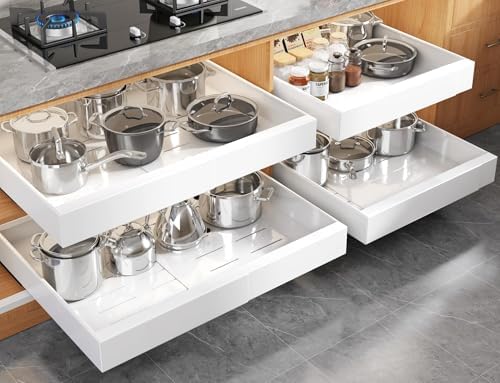 4 Pack Expandable (15.1"-26.3") Pull Out Cabinet Organizer 21" Deep With Raising Pad for Framed Cabinets,Upgrade 3 Slide Rails Slide Out Drawers,No Drill Roll Out Shelves Adhesive,White