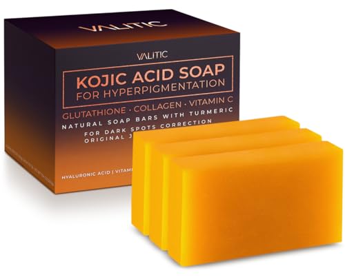 VALITIC Kojic Acid Soap for Hyperpigmentation - with Glutathione, Collagen & Vitamin C - Natural Soap Bars with Turmeric - Original Japanese Complex for Dark Spot Correction - 3 Pack