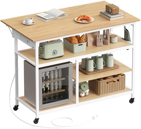 VASAGLE Kitchen Island with Drop Leaf, 47.2" Width Rolling Kitchen Cart with Power Strip, Extendable Worktop, Workbench,Pegboard, Adjustable Shelf, Golden Oak and Cloud White UKKI013Y01