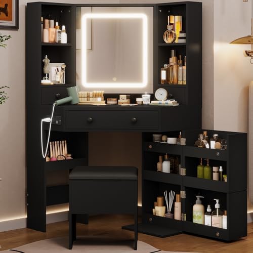 Vanity Desk with Mirror Lights, Storage Bench & Power Outlet, Corner Vanities with Rotating Cabinet & Drawers, 42.5" L Shaped Vanity Set, 3 Light Settings, for Women Girls, Modern Black