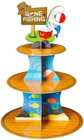 ANGOLIO 3 Tiers Go Fishing Cupcake Stand Fishing Birthday Party Cardboard Cupcake Holder Decorations Fishing Gear Dessert Tower Party Supplies for Kids Boys Blue Themed Baby Shower