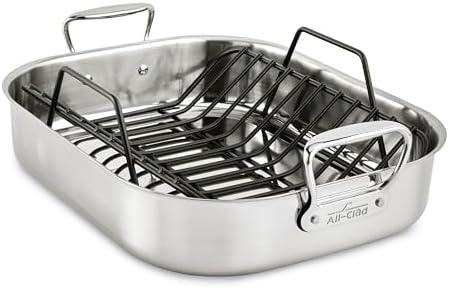 All-Clad Specialty Stainless Steel Roaster and Nonstick Rack 16x13x5 Inch Oven Broiler Safe 600F Roaster Pan, Pots and Pans, Bakeware, Turkey, Silver