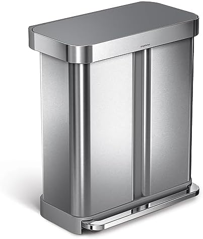 simplehuman 58 Liter / 15.3 Gallon Rectangular Dual Compartment Recycling Step, Brushed Stainless Steel with Soft-Close Plastic Lid Kitchen Trash Can
