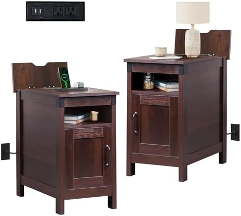 WLIVE Narrow End Table Set of 2 With Charging Station, Side Tables for Living Room, Small Spaces, Couch, Night Stand Set With Storage, USB Ports and Outlets, Espresso