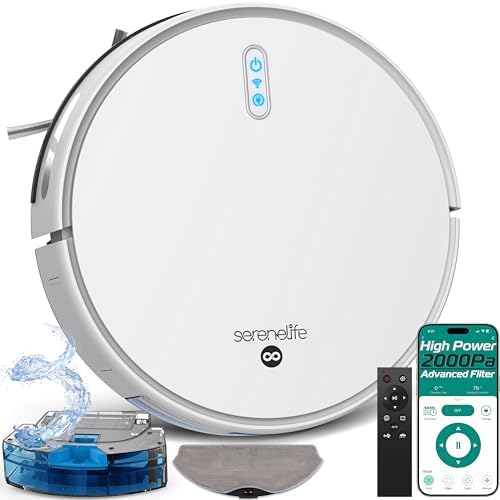 SereneLife Smart Robot Vacuum and Mop Combo, 2000Pa Suction, App Control, 4 Cleaning Modes, Anti-Fall Sensors, Multi-Surface Cleaning, Self-Charging, Ideal for Pet Hair, Soft and Hard Floors, White