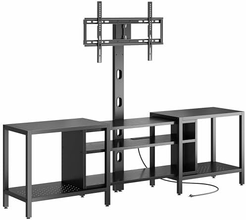 IRONCK 79 Inch TV Stand for TVs up to 85 Inch with Mount and Power Outlet, 3 Tiers TV Console with Storage Shelves, Entertainment Center, Steel Frame, for Living Room, Bedroom, Black