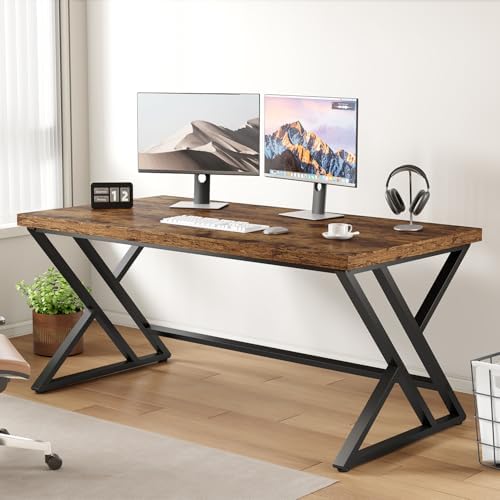 LVB Rustic Computer Desk, Metal Wood Home Office Desk, Industrial Simple Study Executive Desk for Writing Work, Wooden Student Gaming Computer PC Table with Storage for Bedroom, 55 Inch, Rustic Brown
