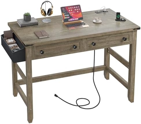 EnHomee 40" Computer Desk with Drawers, Small Desk with Power Outlets for Bedroom and Home Office, Writing Desk with Drawers and a Side Pocket, Vanity Desks for Bedroom, Dark Rustic Oak
