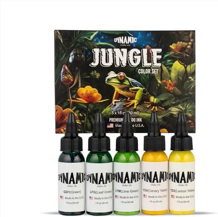 Dynamic Color Co- Tattoo Ink Set, Jungle 1oz Color Set, Canary Yellow, Lemon Yellow, Lime Green, Leaf Green